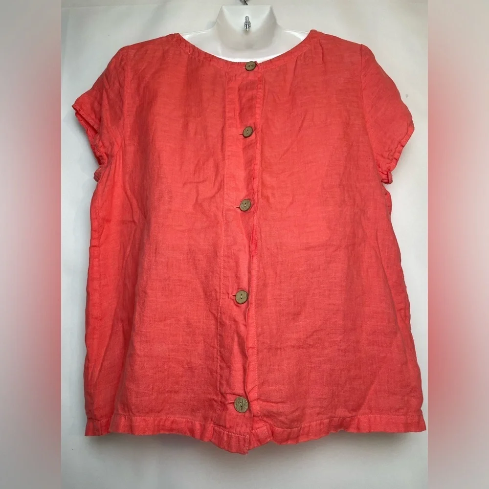 C&C California 100% Linen Blouse Red Orange Coconut Shell Buttons Large Boxy - Picture 3 of 6